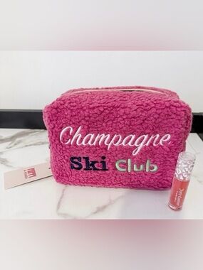 Champagne Ski Club Pink Sherpa Cosmetic Pouch w/ Juicy Couture Lip Oil